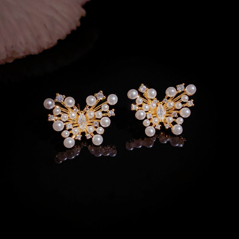Elegant Zircon & Pearl Butterfly Stud Earrings – Animal Design