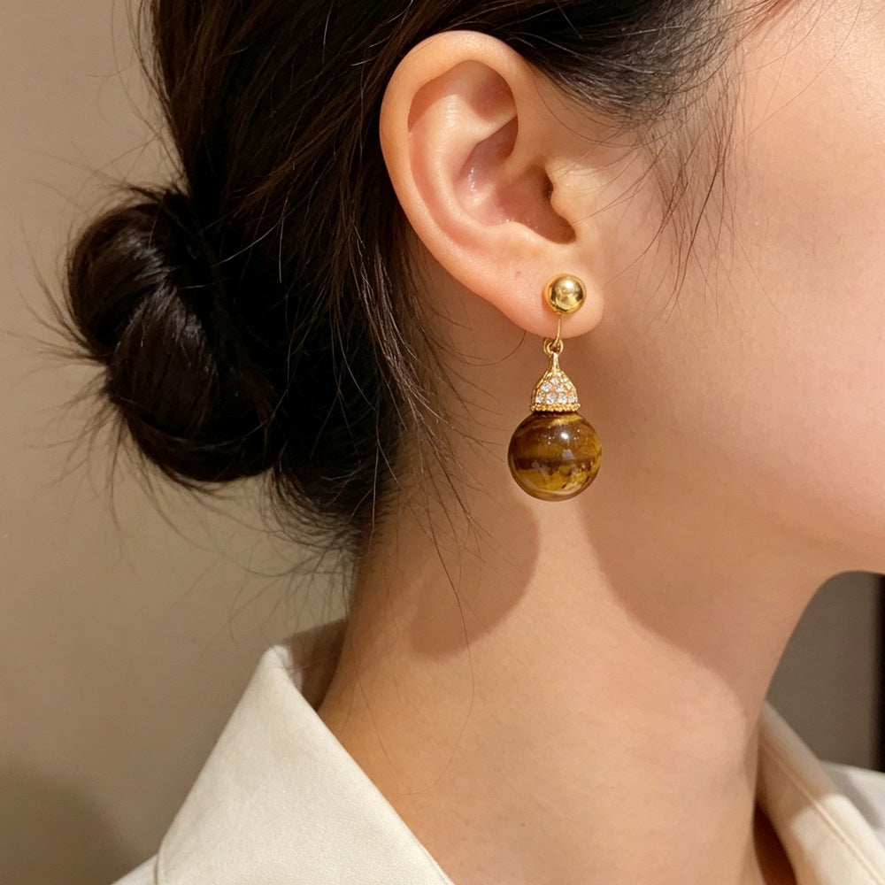 Eaioncol Two-Way Tiger Eye Drop Earrings 14K Gold Plated