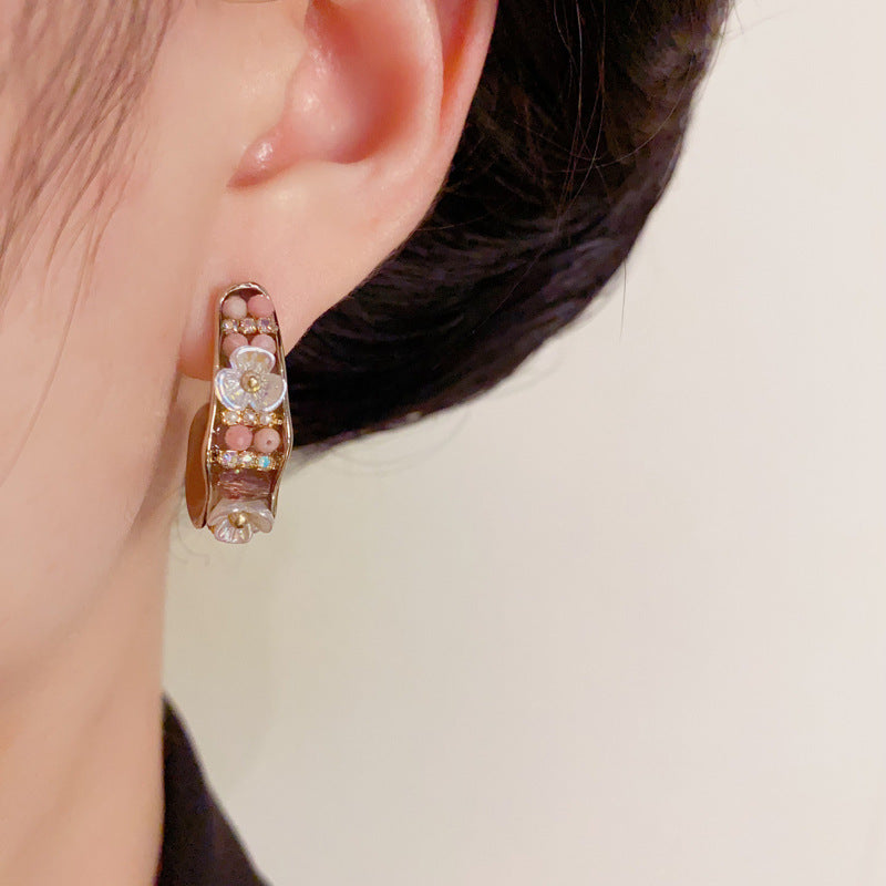 Elegant Beaded Petal C-Shaped Hoop Gold Earrings – Floral Design