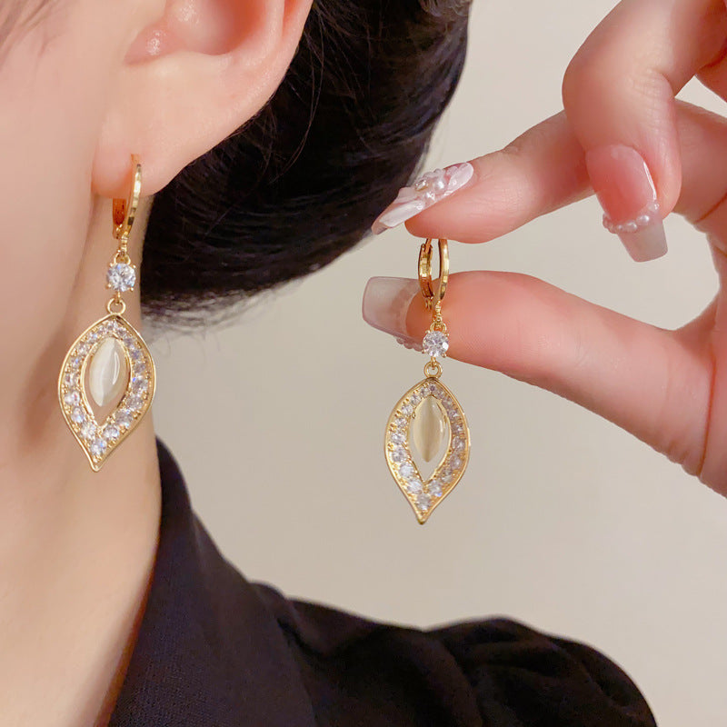 Eaioncol Leaf Tassel CZ Huggie Earrings Gold