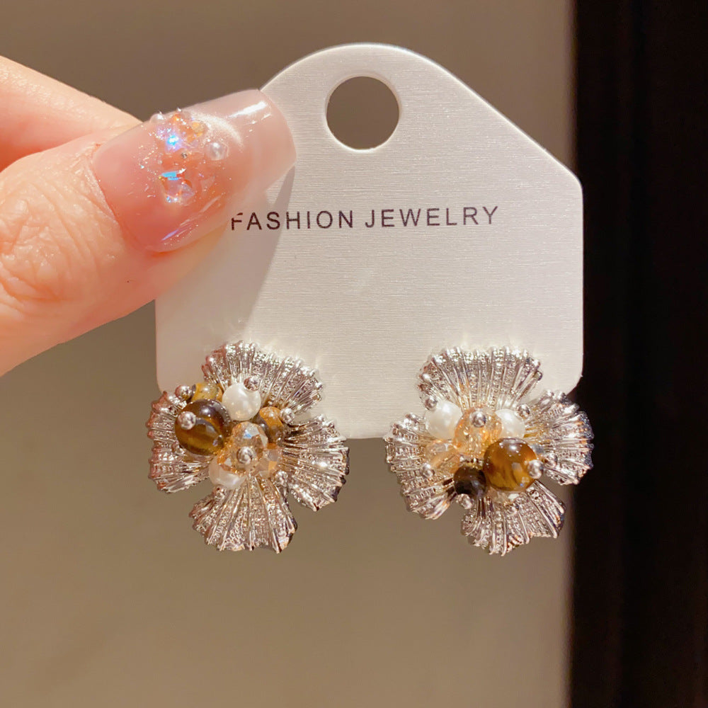 Eaioncol Tiger Eye Glass Floral Hoop Earrings Gold Silver