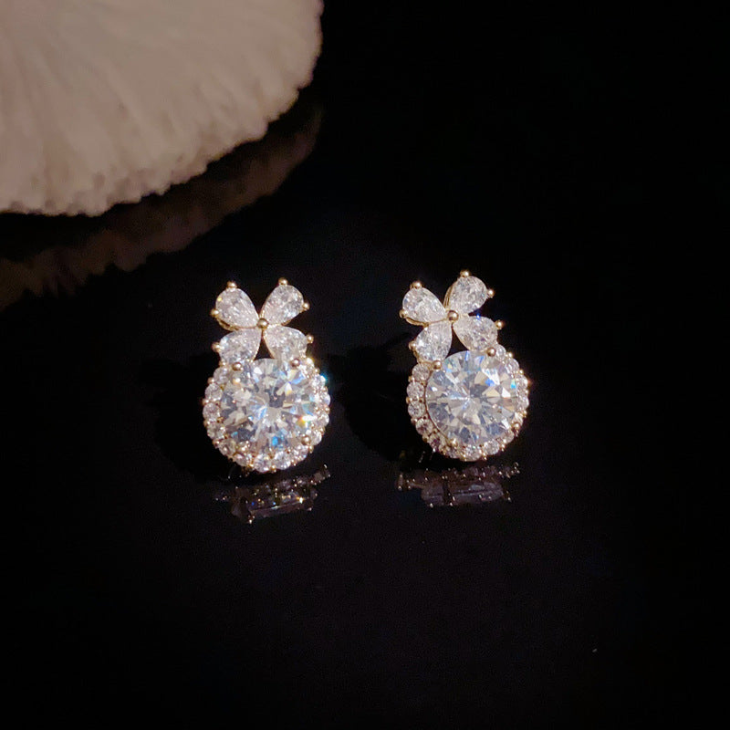 14K Gold-Plated Zircon Bow Circle Stud Earrings– Chic Sparkling Design