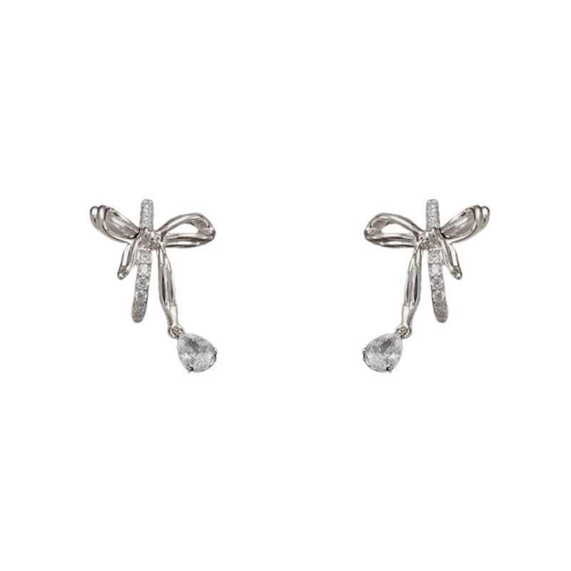 Luxury Zircon Metal Bow & Droplet Earrings – Elegant Design