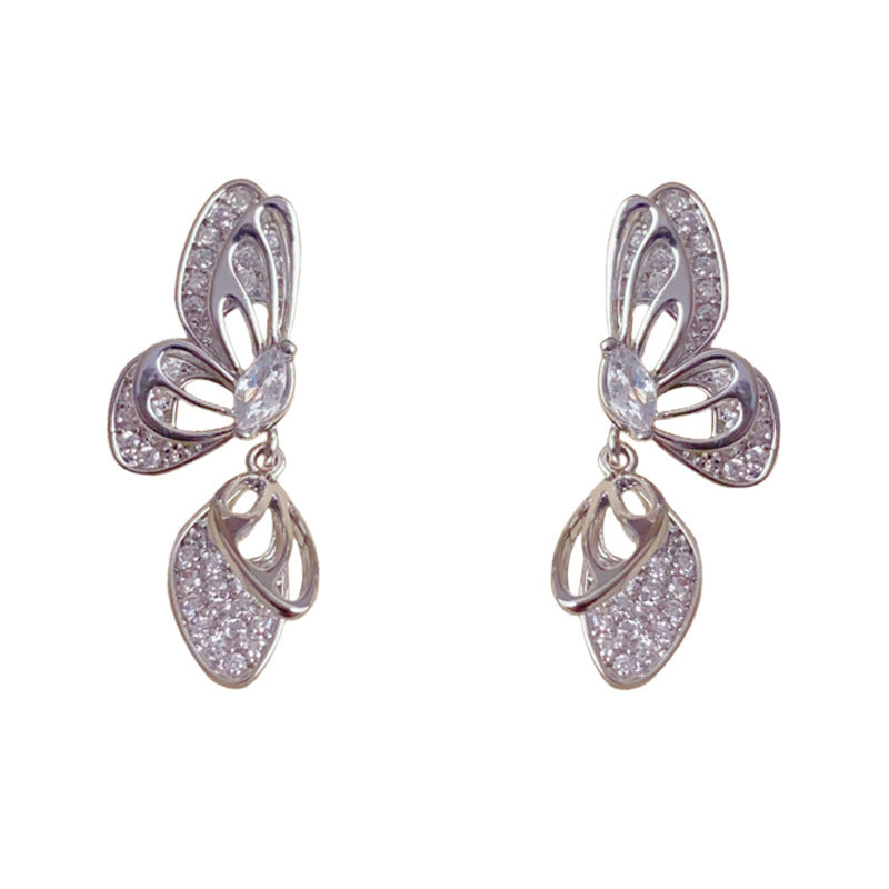 Elegant Full-Zircon Hollow Butterfly Drop Earrings – Minimalist Design