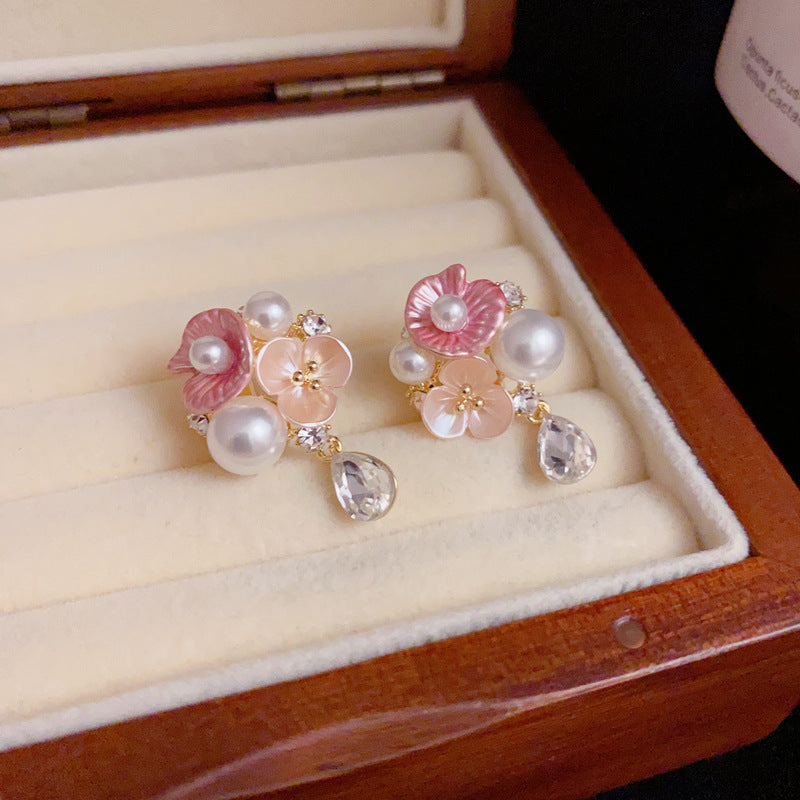 14K Gold French Style Flower Petal Pearl Drop Earrings– Elegant Design