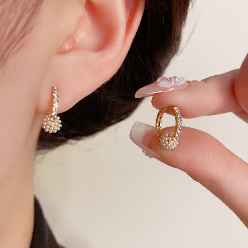 14K Gold-Plated Diamond Pearl Ball Earrings Elegant Minimalist Design