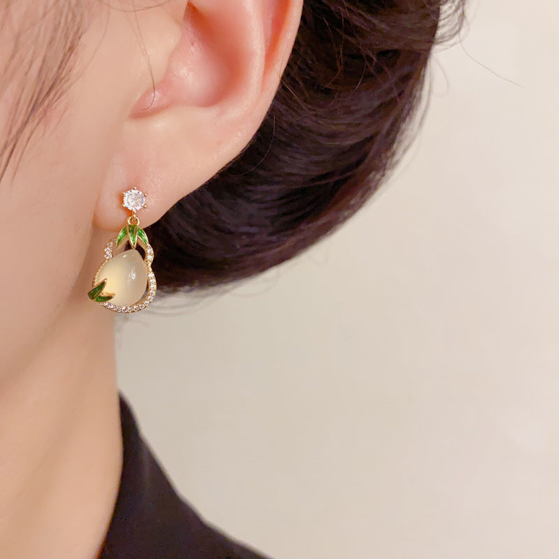 Luxury Zircon Imitation Jade Gourd Stud Earrings – Elegant Design