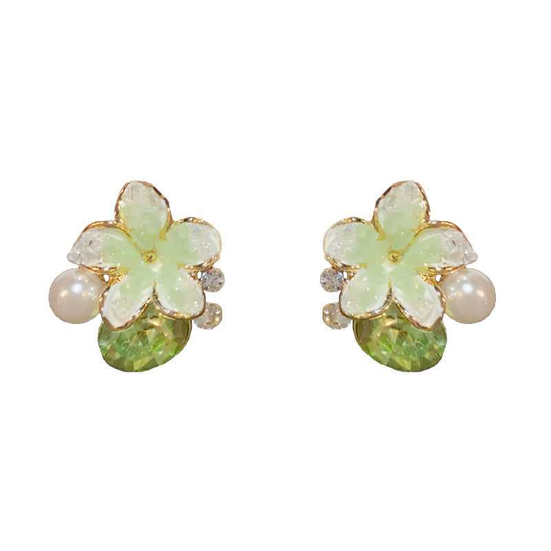 14K Gold Green Crystal Flower Pearl Stud Earrngs- Chic Elegant Design