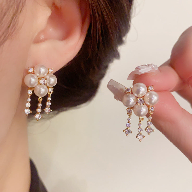 14K Gold-Plated Pearl Clover Tassel Earrings - Elegant & Chic Design