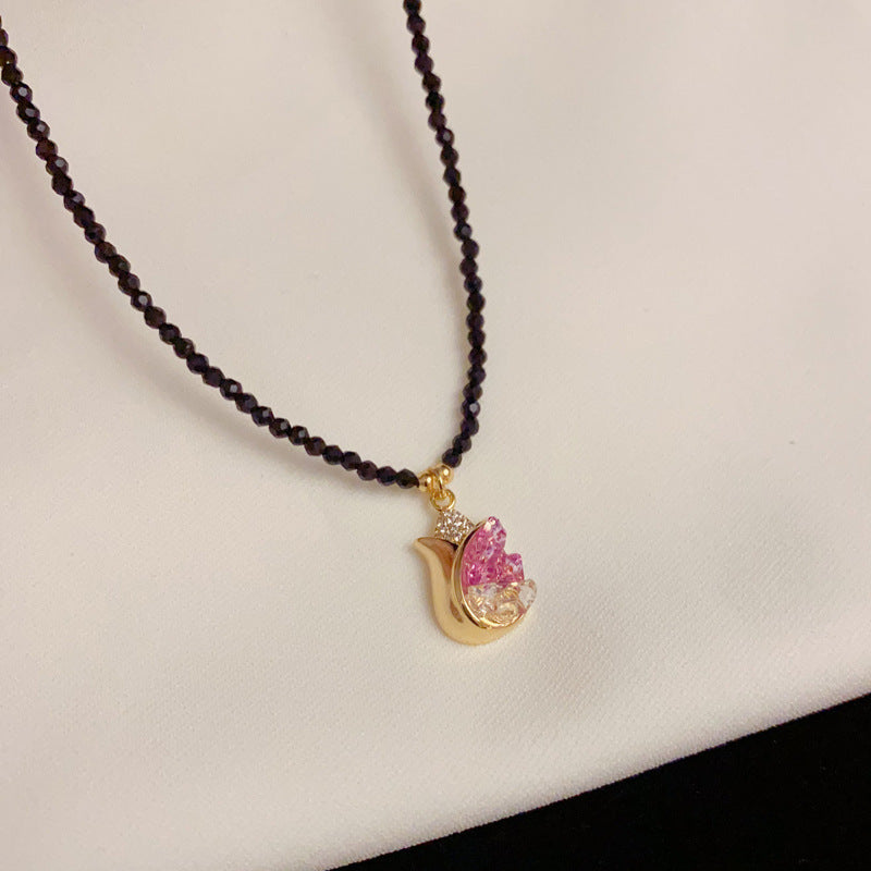 14K Gold Luxury Pink Tulip Crystal Pendant Necklace – Clavicle Chain