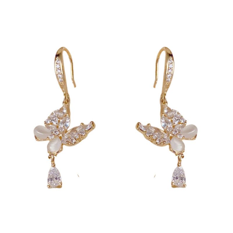 14K Gold Zircon Butterfly & Waterdrop Drop Earrings – Elegant Design