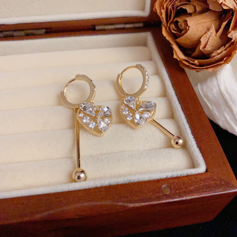 Luxury Full-Zircon Heart Tassel Drop Gold Earrings – Geometric Design