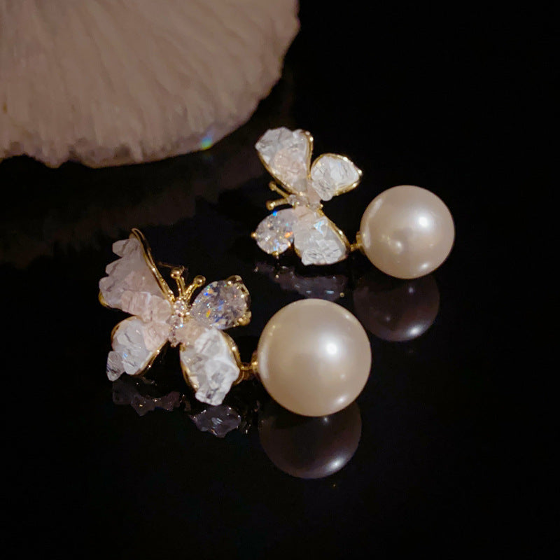 14K Gold-Plated Crystal Butterfly Pearl Drop Earrings – Elegant Design