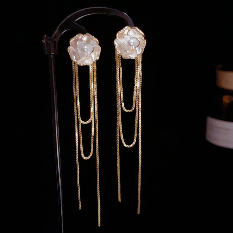 14K Gold-Plated Camellia 2 Way Tassel Earrings – Elegant Floral Design