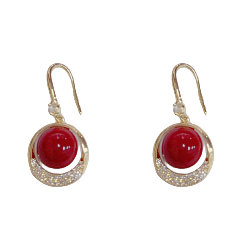 Elegant Red Pearl Zircon Round Drop Earrings – Minimalist Design