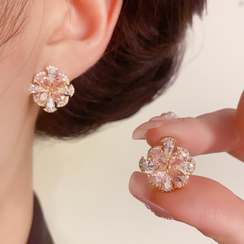 14K Gold Full-Zircon Crystal Petal Stud Earrings – S925 Silver Needle