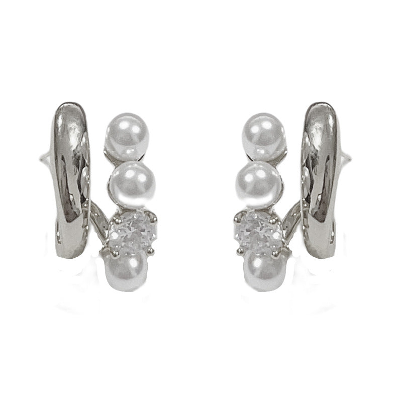 14K Gold Double-Layer Zircon Pearl Stud Earrings – Elegant Design