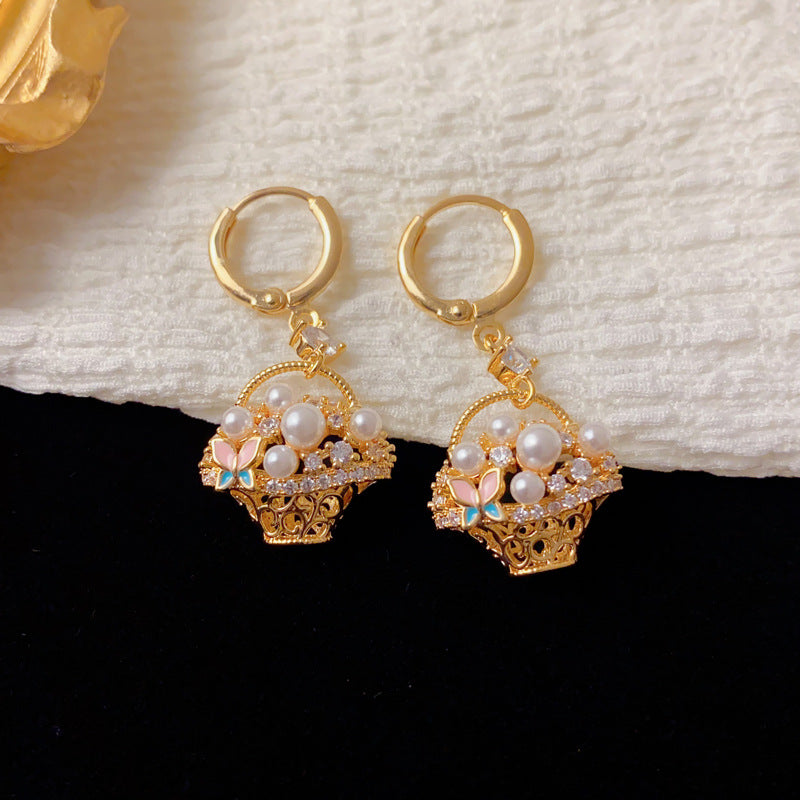 Luxury Pearl Butterfly Flower Basket Earrings – Minimalist design