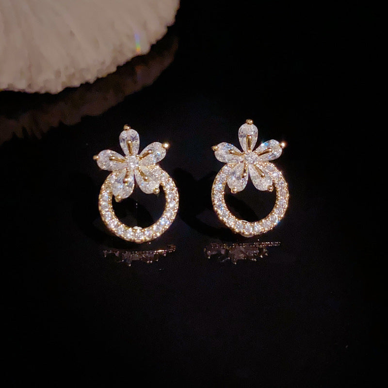 14K Gold-Plated Zircon Floral Hoop Stud Earrings–Elegant Circle Design