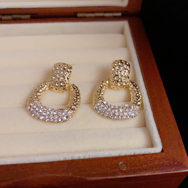 14K Gold-Plated Metal Diamond-Studded Square Earrings - Retro Elegance