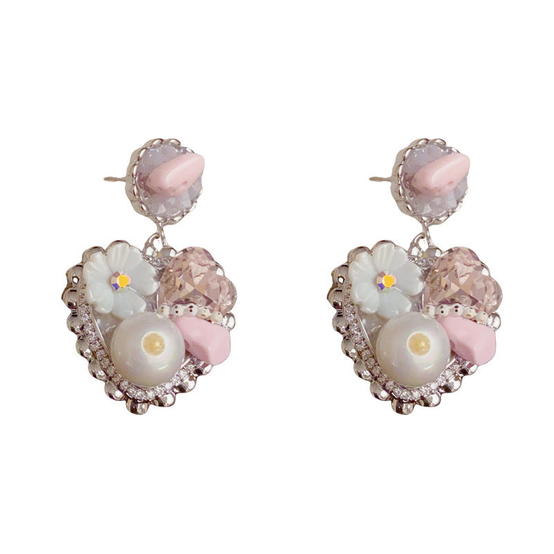 Luxury Handcrafted Flower Pearl & Heart Drop Earrings – Elegant Design