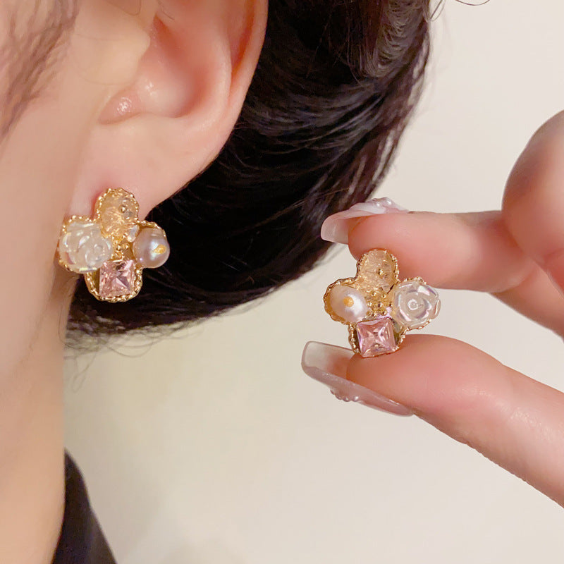 14K Gold-Plated Crystal Four-Leaf Flower Stud Earrings – Sweet & Minimalist