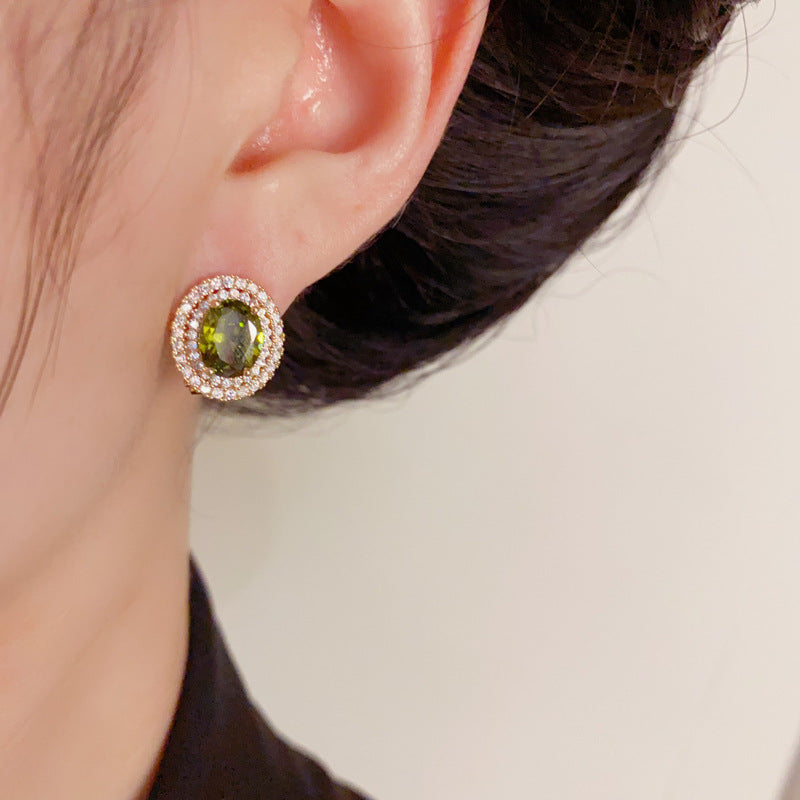 Elegant Zircon Oval Stud Gold Earrings – Geometric Design