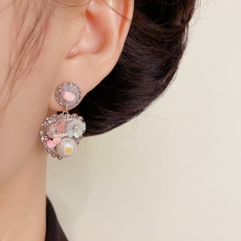 Luxury Handcrafted Flower Pearl & Heart Drop Earrings – Elegant Design