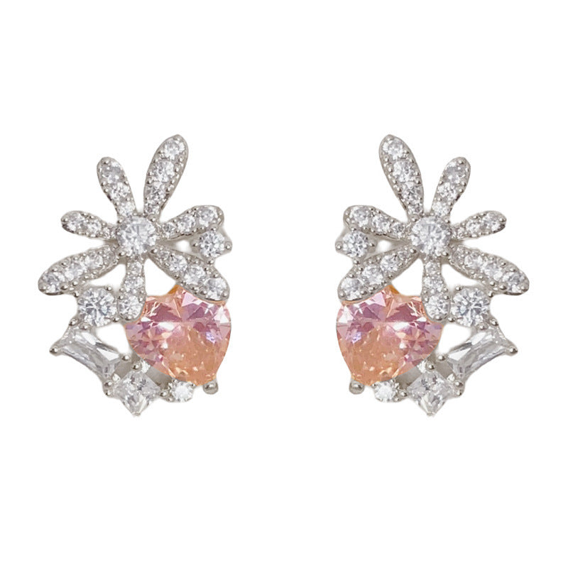 Eaioncol Floral Heart CZ Stud Earrings Gold Silver