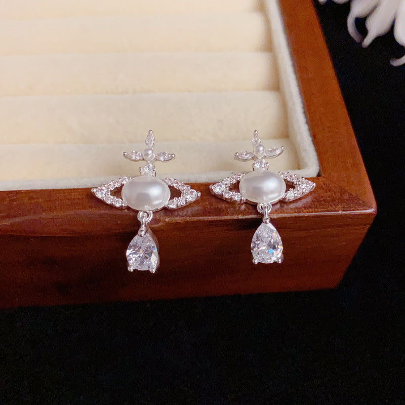Luxury Full-Zircon Pearl Saturn Teardrop Earrings – Elegant Design