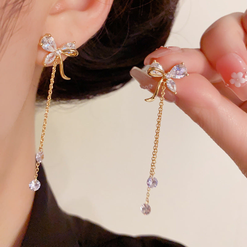14K Gold-Plated Sweet Zircon Bow Tassel Drop Earrings – Elegant Design