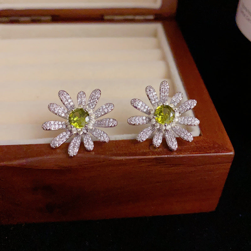14K Gold-Plated Diamond Sunflower Stud Earrings - Elegant Design