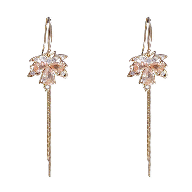 Luxury Zircon Maple Leaf Tassel Ear Hook Earrings – Elegant Design