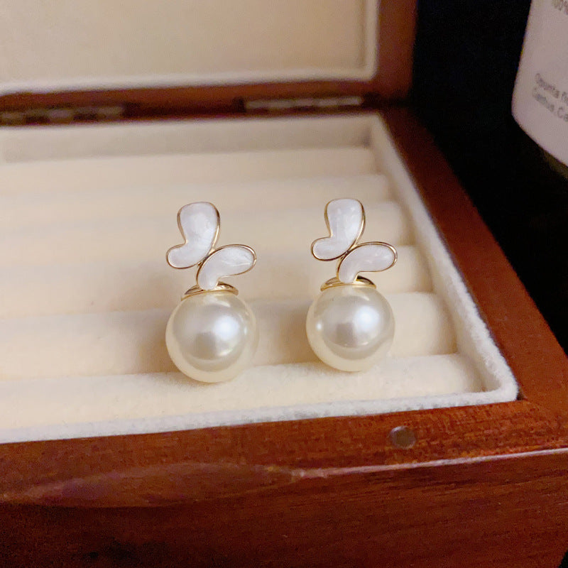14K Gold Enamel Butterfly Pearl Huggie Earrings – Sweet & Chic Design