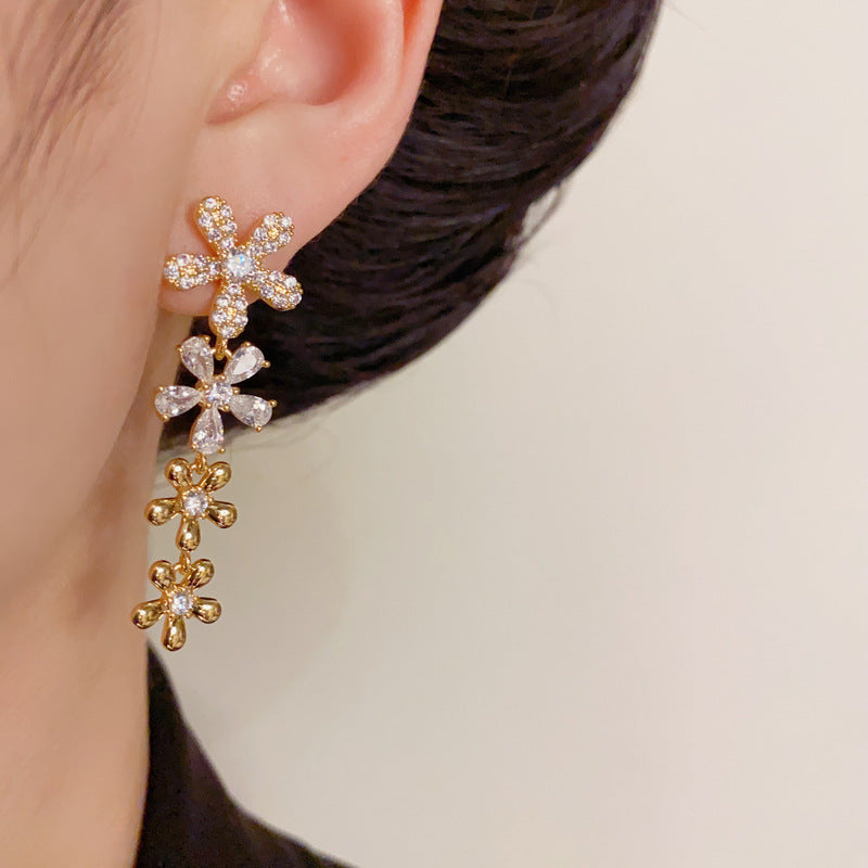 14K Gold Full Zircon Flower Tassel Earrings – Elegant Sweet Style