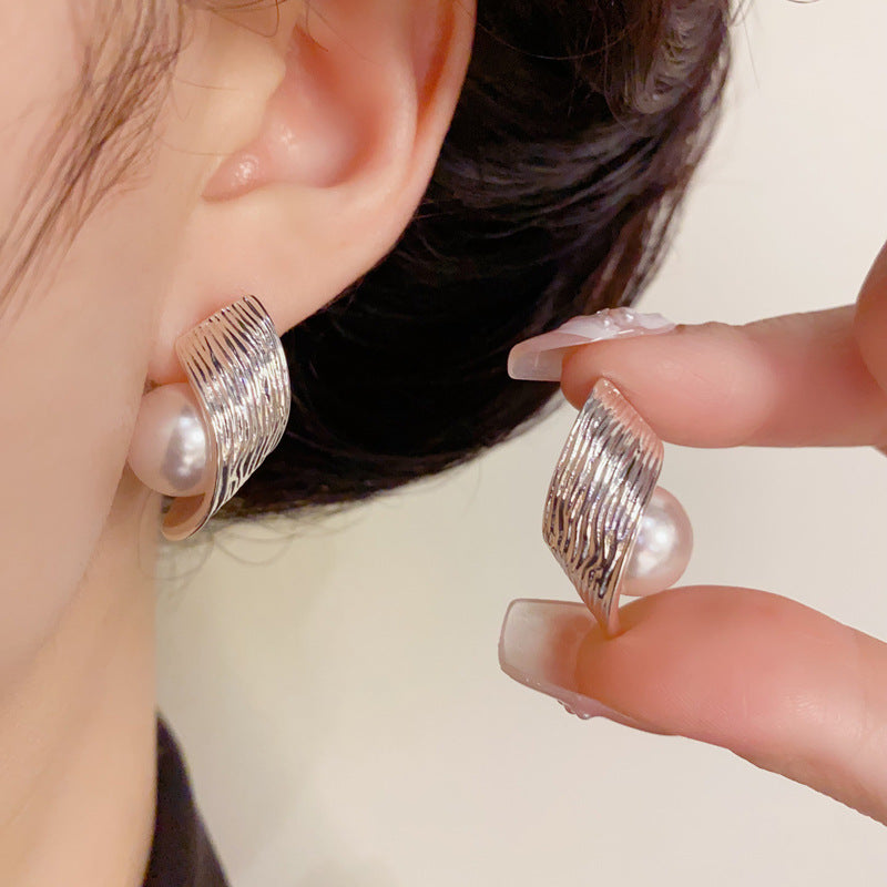 14K Gold Pearl Wrapped Hoop Stud Earrings – Elegant Minimalist Design