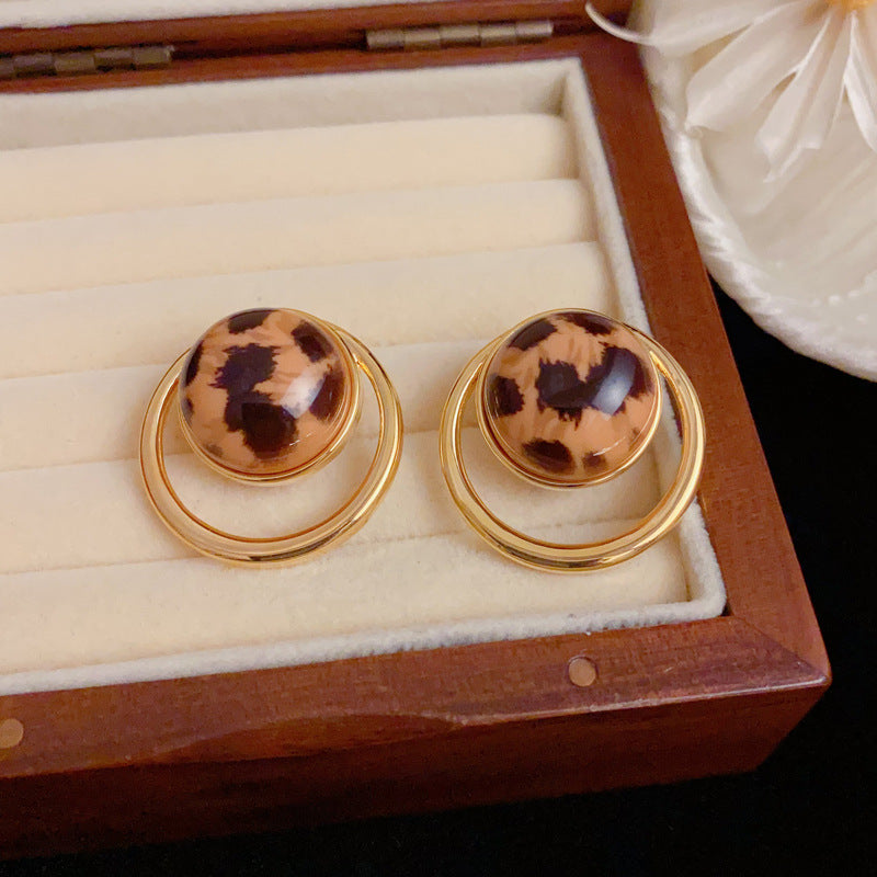 Elegant Leopard Print Metal Round Stud Earrings – Geometric Design