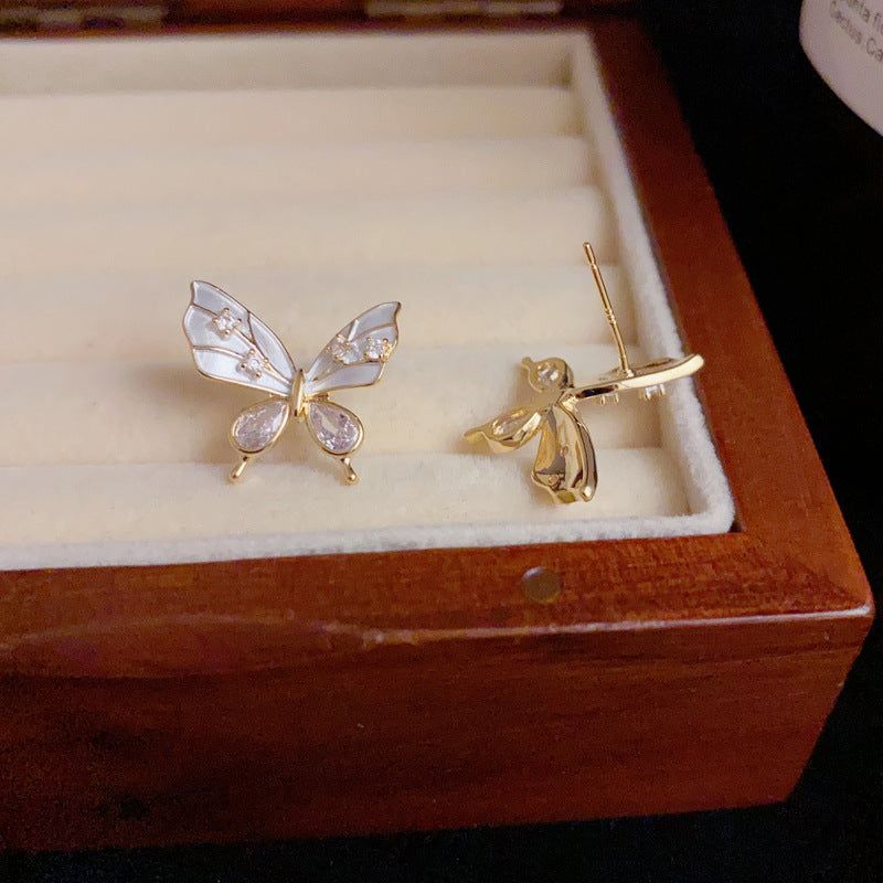 14K Gold Enamel Butterfly Earrings with Rhinestones – Elegant Design