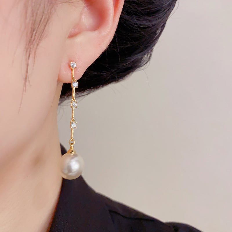 Elegant Zircon Pearl Tassel Earrings – French Ultra-Feminine Design