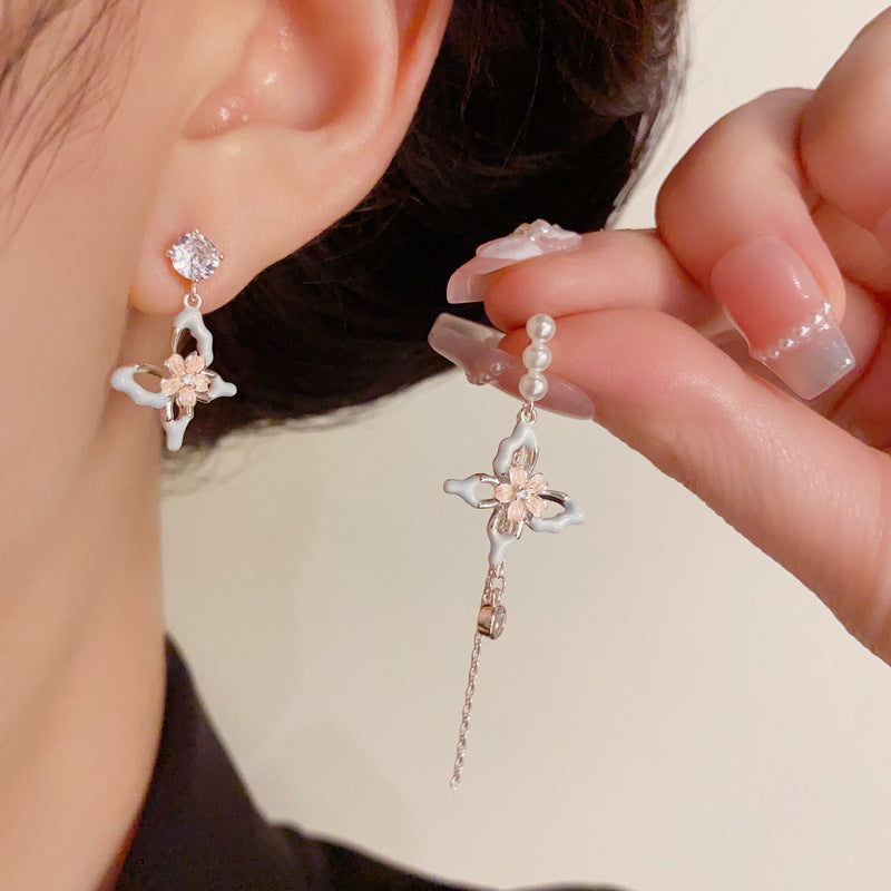 Enamel Flower & Butterfly Asymmetric Drop Earrings – Elegant Design