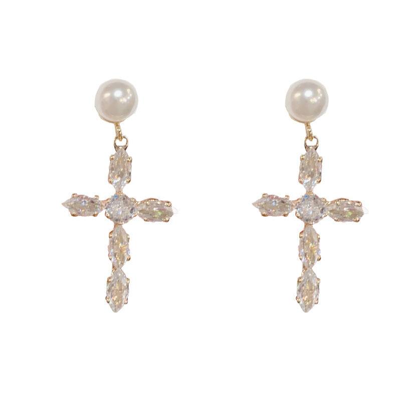 14K Gold-Plated Pearl & Zircon Cross Earrings - Elegant Sparkle
