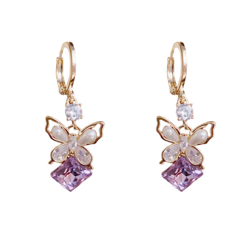Purple Amethyst Butterfly Tassel Drop Gold Earrings – Elegant Design