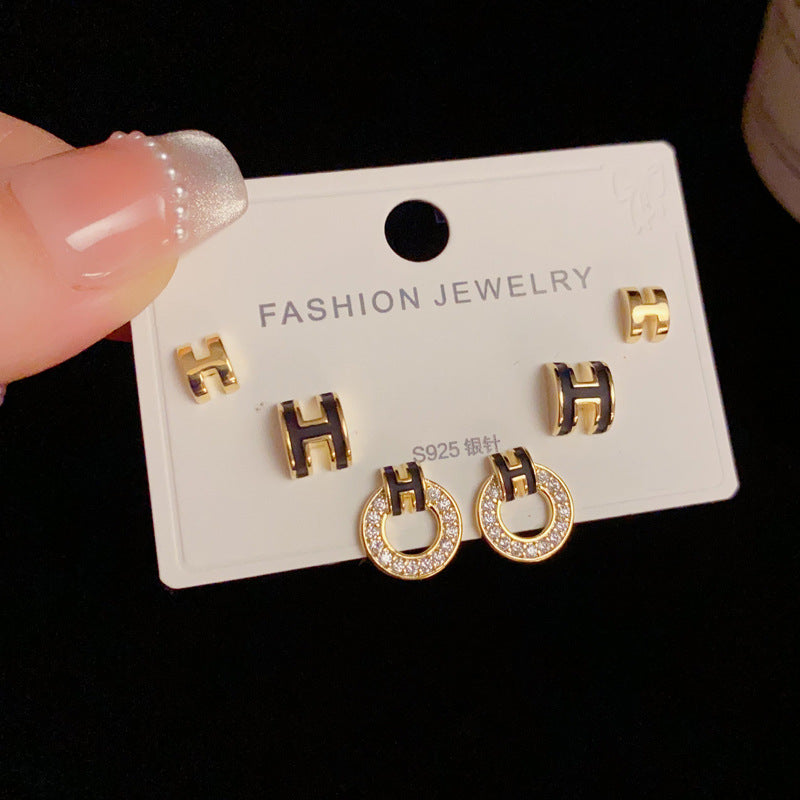 14K Gold-Plated H Letter Circle 3Piece Stud Earrings - Chic Design