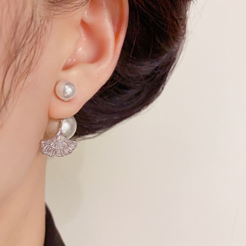 Luxury Pearl & Full-Zircon Leaf Two-Way Drop Earrings – Floral Design