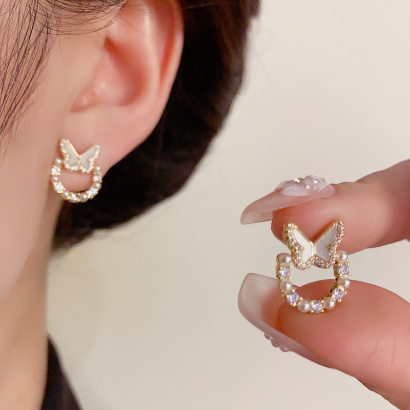 14K Gold-Plated Black Zircon Bead Butterfly Circle Earring - Elegant