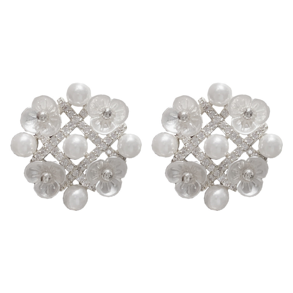 Eaioncol Floral Pearl CZ Petal Stud Earrings Gold Silver