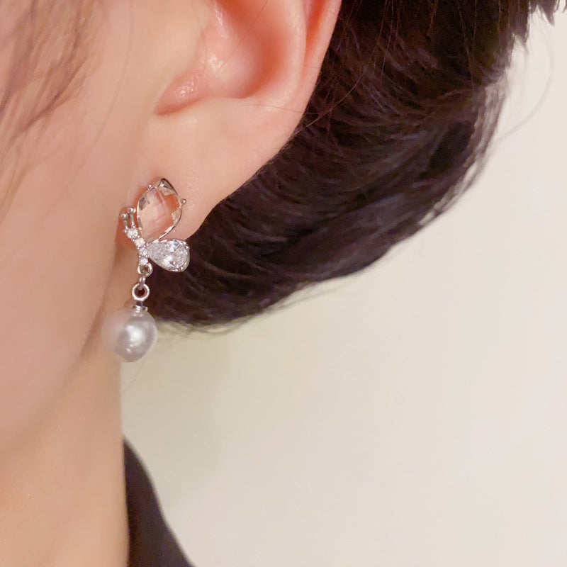 Luxury Butterfly & Pearl Tassel Drop Earrings – S925 Silver Needle