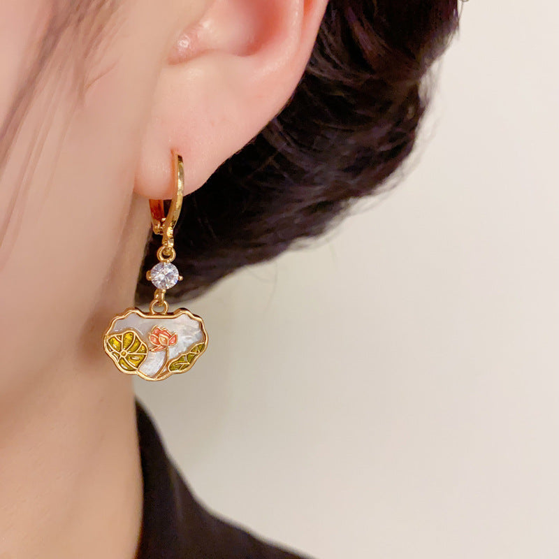 14K Gold-Plated Shell Lotus Peace Lock Earrings – Elegant Design