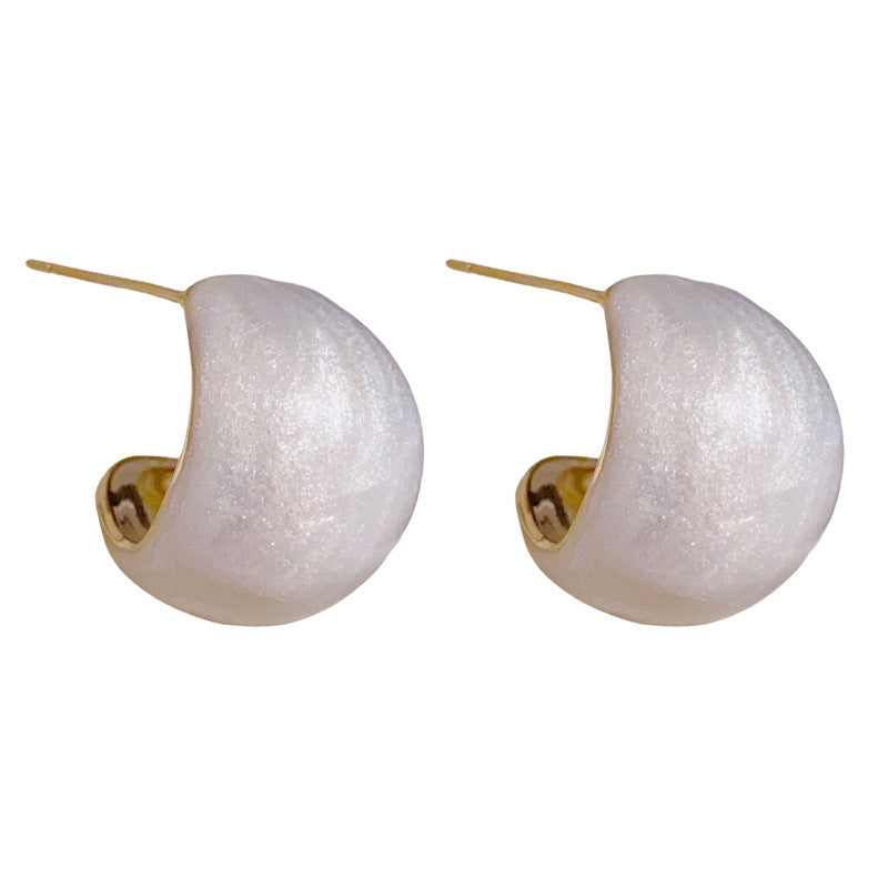14K Gold-Plated White C-Shaped Stud Earrings – Minimalist Retro Design