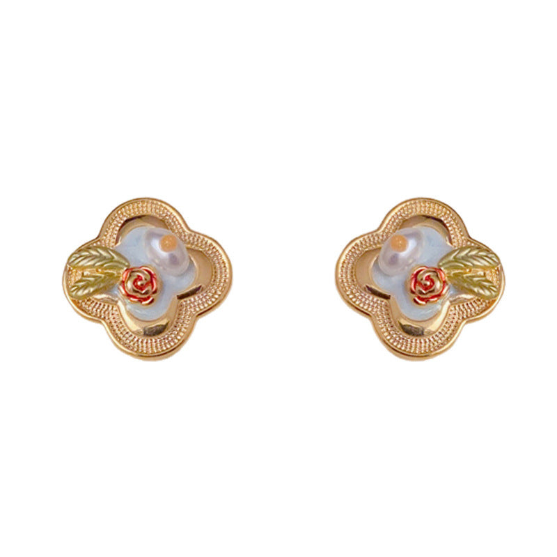 Luxury Enamel 4-Leaf Flower Stud Gold Earrings – Elegant Flower Design